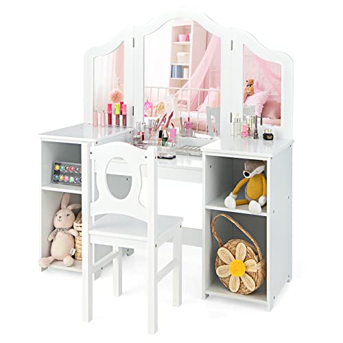 INFANS Kids Vanity, 2 in 1 Princess Makeup Desk & Chair Set with Tri-Folding Detachable Mirror, Large Storage Shelves, Wooden Dressing Table, Pretend Play Vanity Set for Girls