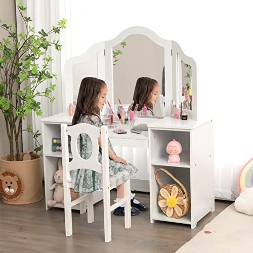 INFANS Kids Vanity, 2 in 1 Princess Makeup Desk & Chair Set with Tri-Folding Detachable Mirror, Large Storage Shelves, Wooden Dressing Table, Pretend Play Vanity Set for Girls