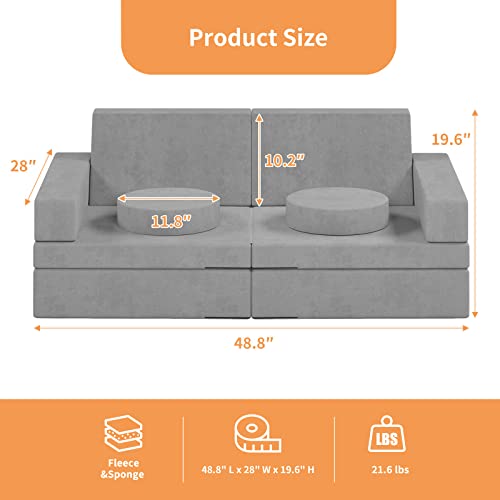 MOOITZ Kids Couch 10Pcs, Kids Couch Sofa for Playroom, Creative Modular Sofa Couch for Imaginative Kids Toddlers, Kids Playroom Furniture (Grey)