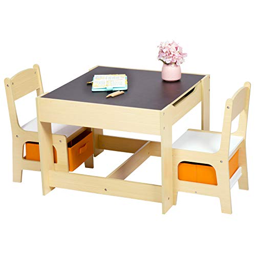 Kinsuite 3 in 1 Kids Table and Chair Set, Wood Activity Table and 2 Chair Set for Toddlers Arts Crafts Drawing Reading Playroom, Tabletop Storage Space Gift for Boys & Girls