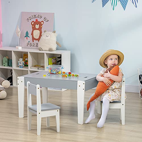 Qaba 3 Pcs Kids Table and Chair Set with Storage Under Tabletop, Activity Table and 2 Chairs, Kids Drawing Table for Playroom Furniture, Grey