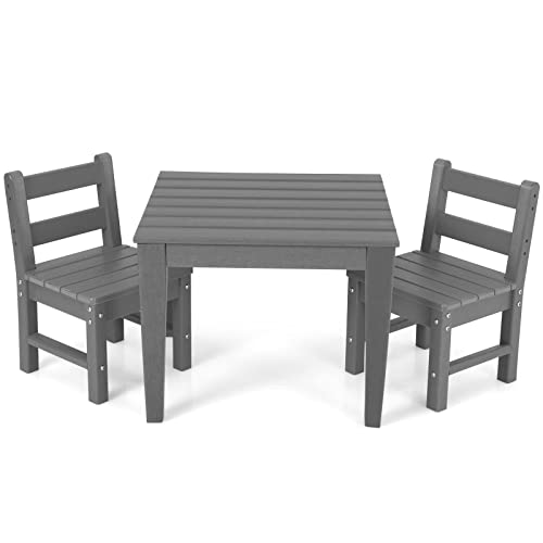 Costzon Kids Table and Chair Set, 3 Piece All-Weather Activity Table for Indoor & Outdoor, Heavy-Duty & Waterproof Furniture Set for Playroom, Nursery, Backyard, Toddler Table and Chair Set (Grey)