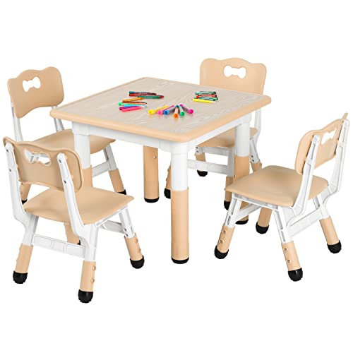 Arlopu Big Kids Study Table and 4 Chair Set, Height Adjustable Toddler Table and Chair Set for 4, Multifunctional Toddler Table, Reading, Drawing, Eating Interaction (Beige, Square Table)