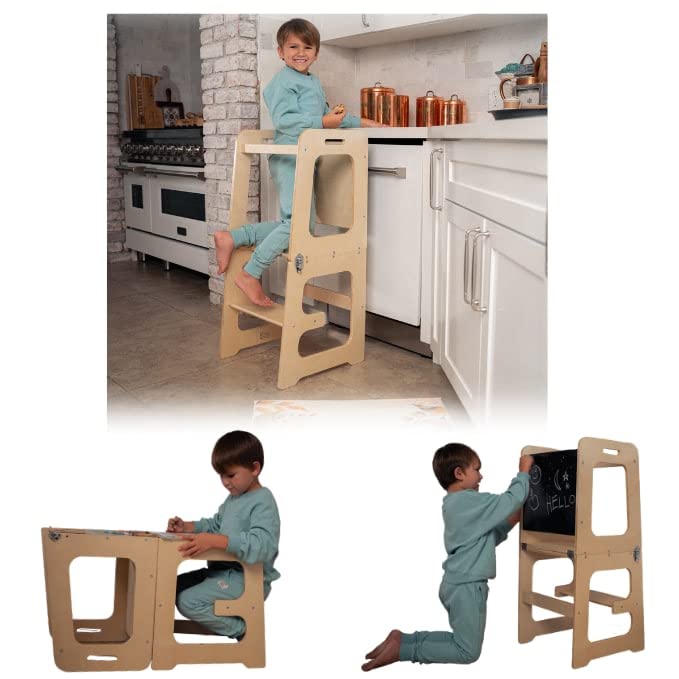 Avenlur Date 4-in-1 Kitchen Learning Tower Montessori and Waldorf Style for Toddlers and Kids 18 Months to 6 Years - The Ideal Counter Stepping Stool with Chalkboard, Desk Table, and Chair All in One