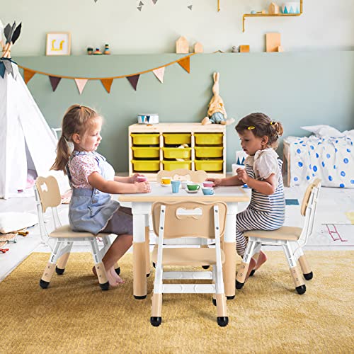 Arlopu Big Kids Study Table and 4 Chair Set, Height Adjustable Toddler Table and Chair Set for 4, Multifunctional Toddler Table, Reading, Drawing, Eating Interaction (Beige, Square Table)