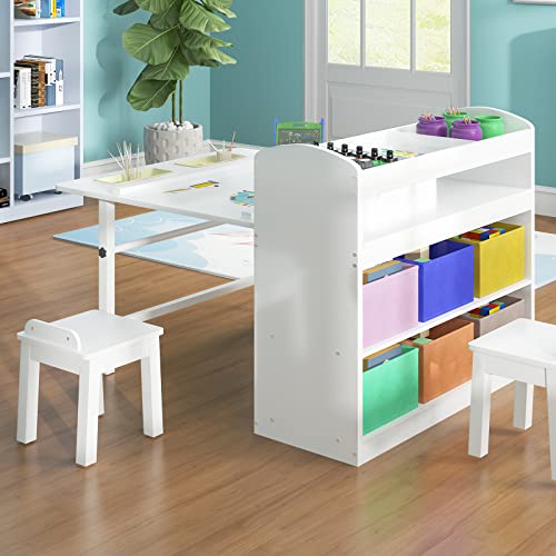 Mjkone Kids Art Table and 2 Chair Set, Kids Wooden Table Set for Chirldren, Toddler Table with Supplies Storage, Canvas Bins,Paper Roll,Preschool Toddler Wooden Learning Furniture,White,CPC Certified