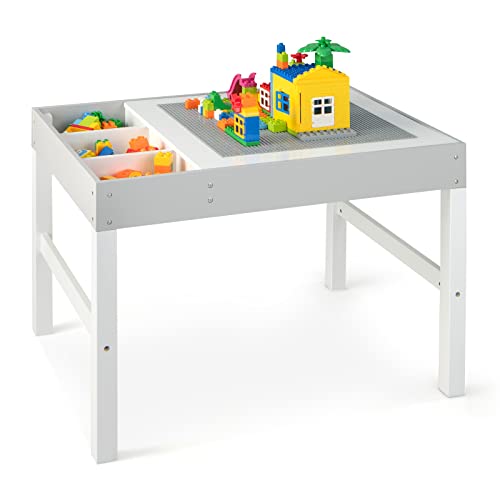 Costzon Kids Table, 3 in 1 Wooden Building Block Desk w/Storage, Double-Sided Tabletop for Toddler Arts, Crafts, Drawing, Reading, Playing, Gift for Boys Girls, Children Activity Table (White & Gray)