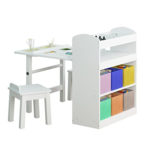 Mjkone Kids Art Table and 2 Chair Set, Kids Wooden Table Set for Chirldren, Toddler Table with Supplies Storage, Canvas Bins,Paper Roll,Preschool Toddler Wooden Learning Furniture,White,CPC Certified