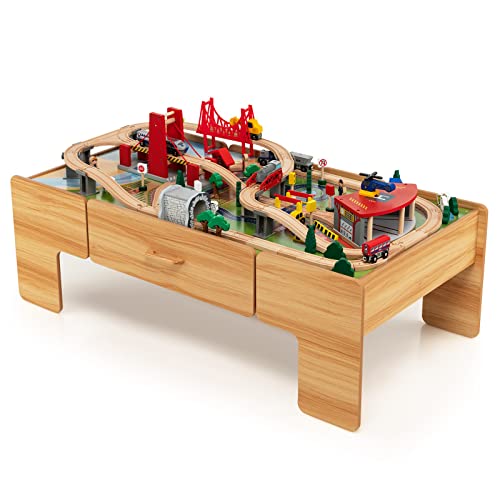 Costzon Train Table, 2 in 1 Kids Activity Table w/Storage Drawer, 100 Multicolor Pieces, Railway, Track, Cars, City, DIY Design, Reversible Tabletop, Gift for Boys Girls, Wooden Train Set (Natural)