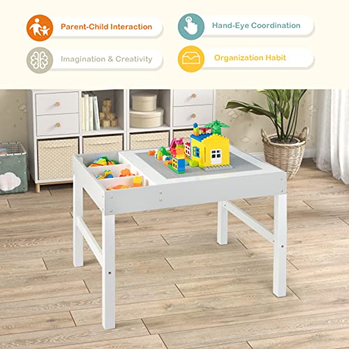 Costzon Kids Table, 3 in 1 Wooden Building Block Desk w/Storage, Double-Sided Tabletop for Toddler Arts, Crafts, Drawing, Reading, Playing, Gift for Boys Girls, Children Activity Table (White & Gray)