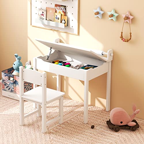 Costzon Kids Table and Chair Set, Flip Top Kids Art Craft Table w/Chair for Playroom Kindergarten, Toddler Drawing Writing Desk Set w/Paper Roll & 2 Markers, Gift for Boys Girls Ages 3+ (White)