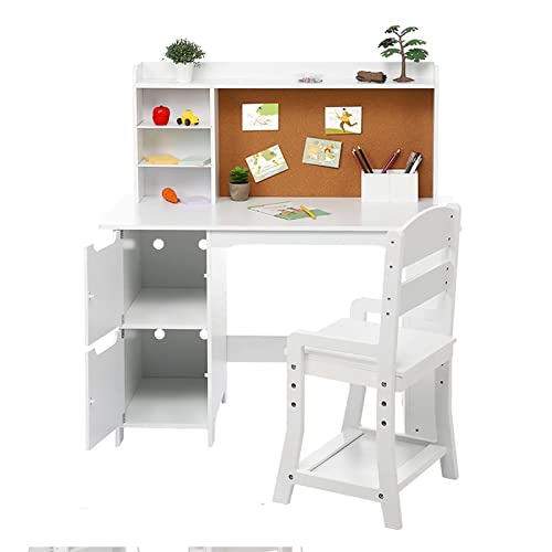 Wooden Sdudy Desk with Chair for Kids, Children School Study Table with Hutch and Chair, White Learning Table with Bookshelf, Bulletin Board and Cabinets, for 3-8 Years Old Boys and Girls