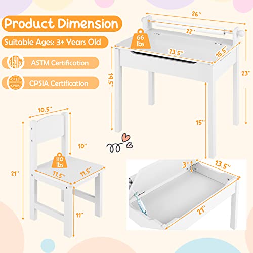 Costzon Kids Table and Chair Set, Flip Top Kids Art Craft Table w/Chair for Playroom Kindergarten, Toddler Drawing Writing Desk Set w/Paper Roll & 2 Markers, Gift for Boys Girls Ages 3+ (White)