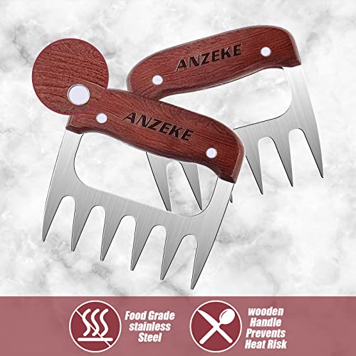 ANZEKE 2pack Meat Handler Shredder Claws,BBQ Pulled Pork Paws for Shredding Handing Carving Food, High-Grade Stainless Steel Metal with Wooden Handle