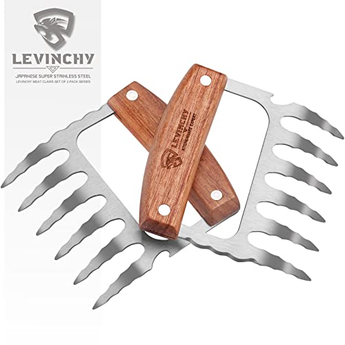 LEVINCHY Meat Claws Shredders Claws 2-Piece Set Meat Forks Meat Shredding Claws BBQ Grill Tools, Blade with Bottle Opener and Cutter, Large Wooden Handle
