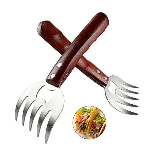 AIYUE Meat Shredding Claws Stainless Steel Pulled Pork Shredder Meat Claws for BBQ Shredding Pulling Handing Lifting & Serving Pork Turkey Chicken with Long Wood Handle (2 PCS,BPA Free)