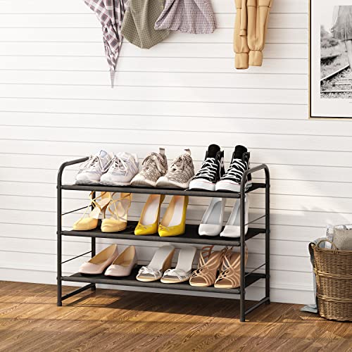 Simple Trending 3-Tier Stackable Shoe Rack, Expandable & Adjustable Fabric Shoe Shelf Storage Organizer, Black