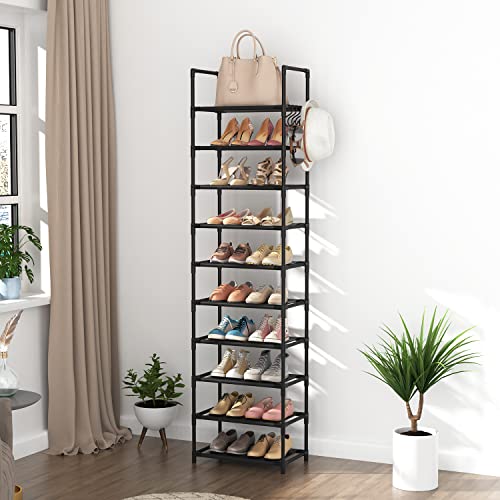 LANTEFUL 10 Tiers Tall Shoe Rack 20-25 Pairs Boots Organizer Storage Sturdy Narrow Shoe Shelf for Entryway, Closets with Hooks, Black