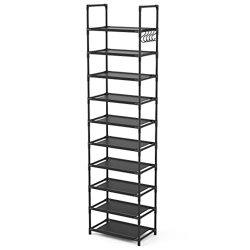 LANTEFUL 10 Tiers Tall Shoe Rack 20-25 Pairs Boots Organizer Storage Sturdy Narrow Shoe Shelf for Entryway, Closets with Hooks, Black