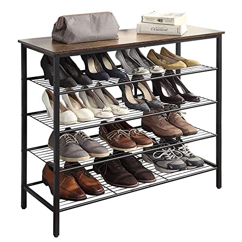 HQXING 5-Tier Shoe Rack Organizer, Metal Mesh Shoe Storage Shelf, for Entryway, Hallway, Closet, Dorm Room, Industrial, Rustic Brown