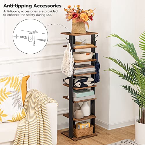 HOOBRO Vertical Shoe Rack, 8 Tier Shoe Storage Organizer with Hooks, Narrow Shoe Rack for 8 Pairs, Space Saving, Stable and Strong, for Entryway, Living Room, Bedroom, Rustic Brown BF07XJ01G1
