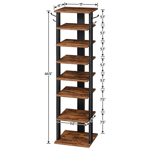 HOOBRO Vertical Shoe Rack, 8 Tier Shoe Storage Organizer with Hooks, Narrow Shoe Rack for 8 Pairs, Space Saving, Stable and Strong, for Entryway, Living Room, Bedroom, Rustic Brown BF07XJ01G1