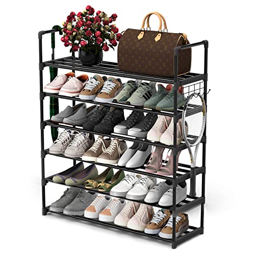 Hsscblet 6 Tiers Metal Shoe Rack,Adjustable Shoe Shelf Storage Organizer with Versatile Hooks,Stackable Boot & Shoe Storage,for Entryway,Hallway,Living Room,Closet,Black