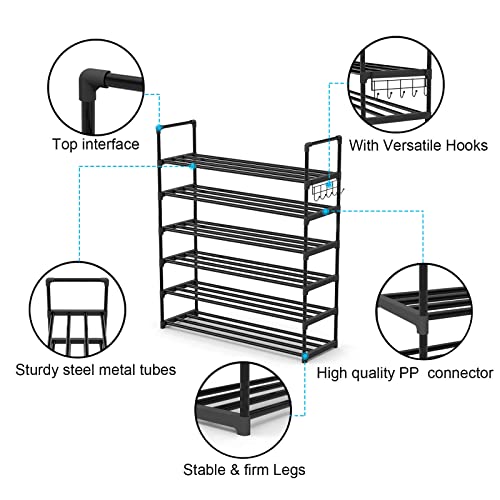 Hsscblet 6 Tiers Metal Shoe Rack,Adjustable Shoe Shelf Storage Organizer with Versatile Hooks,Stackable Boot & Shoe Storage,for Entryway,Hallway,Living Room,Closet,Black