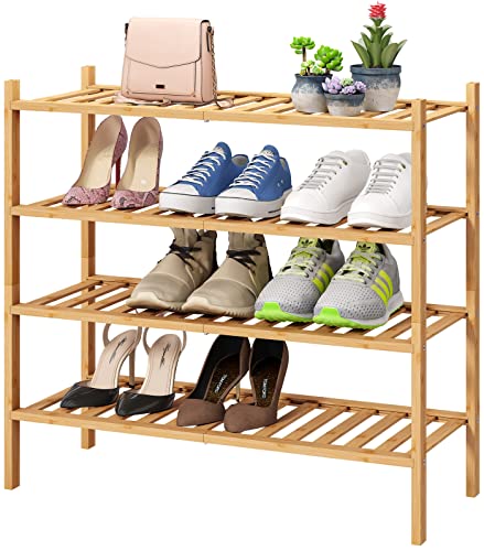 viewcare 4-Tier Bamboo Shoe Rack for Entryway, Stackable | Foldable | Natural, Shoe Organizer for Hallway Closet, Free Standing Shoe Racks for Indoor Outdoor