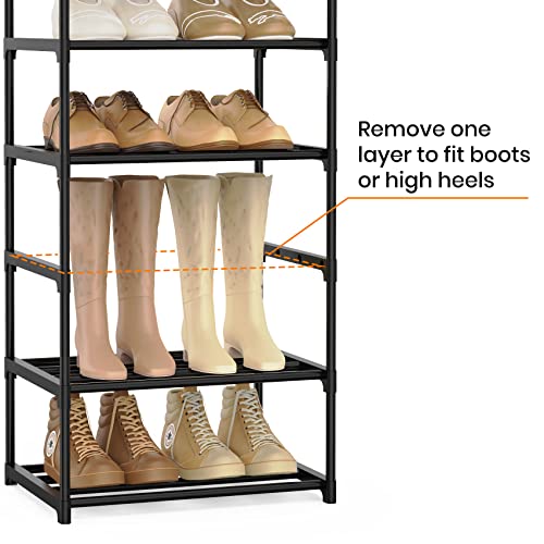 WEXCISE Narrow 10 Tiers Tall Shoe Rack for Entryway 20-24 Pairs Shoe and Boots Organizer Storage Shelf Space Saving Large Shoe Tower Durable Black Metal Stackable Shoe Cabinet with Hooks