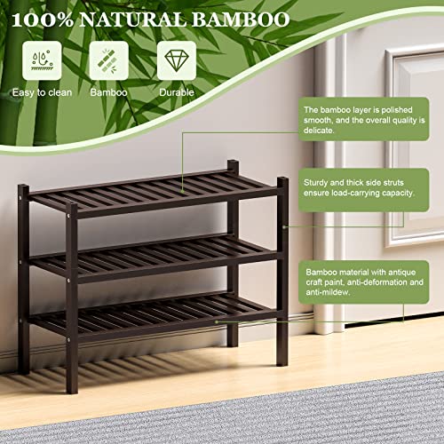 ROMGUAR CRAFT 3 Tier Bamboo Shoe Rack for Closet Free Standing Wood Shoe Shelf for Entryway Small Space Stackable 27"x12"x21" (Black Brown)