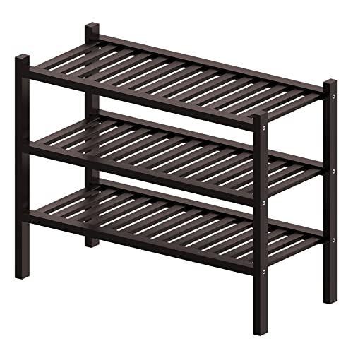 ROMGUAR CRAFT 3 Tier Bamboo Shoe Rack for Closet Free Standing Wood Shoe Shelf for Entryway Small Space Stackable 27"x12"x21" (Black Brown)