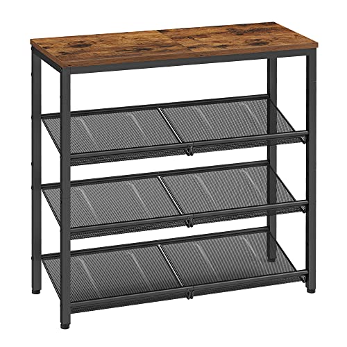 VASAGLE Shoe Rack for Entryway, 4 Tier Shoe Storage Shelves, 12-15 Pairs Shoe Organizer, with Sturdy Wooden Top and Steel Frame, Free Standing, Industrial, Rustic Brown and Black ULBS040B01