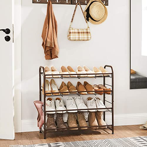 SONGMICS Stackable Shoe Rack, 4 Tier Metal Shoes Rack Storage Shelf, Holds up to 20 Pairs Shoes, Adjustable Slanted Shelves Shoe Tower Organizer for Closet Entryway Small Spaces, Bronze