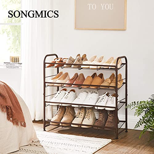 SONGMICS Stackable Shoe Rack, 4 Tier Metal Shoes Rack Storage Shelf, Holds up to 20 Pairs Shoes, Adjustable Slanted Shelves Shoe Tower Organizer for Closet Entryway Small Spaces, Bronze