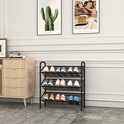 FKUO 3 Tier Shoe Rack grid fabric small Shoe Storage Unit Tall Shoe Organizer Shelf for Entryway, Hallway, Closet, Dorm Room (Black, 3 Tier)