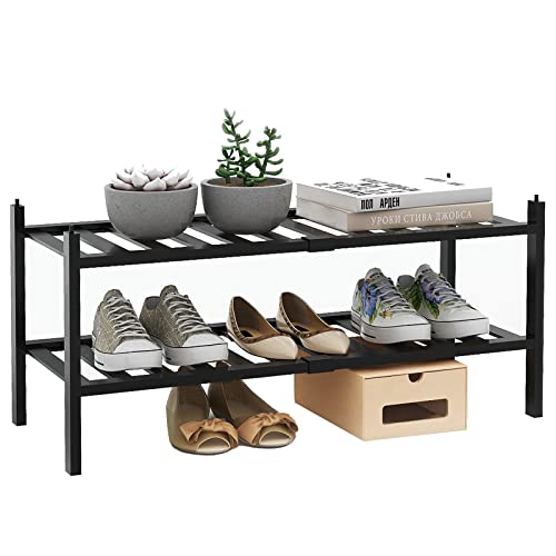 quiseolu Bamboo Shoe Rack 2 Tier Stackable Shoe Shelf Small Shoe Racks DIY Free Standing Shoe Stand for Closet Entryway Bedroom Floor Dorm Sturdy Black Shoes Organizer D11 * W27.2 * H12.6 Inches