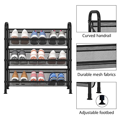 FKUO 3 Tier Shoe Rack grid fabric small Shoe Storage Unit Tall Shoe Organizer Shelf for Entryway, Hallway, Closet, Dorm Room (Black, 3 Tier)