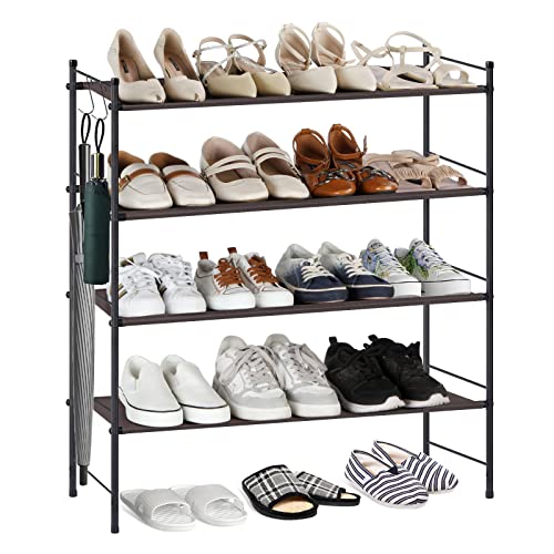 smusei Shoe Rack for Entryway 4 Tier Freestanding Adjustable Expandable Sturdy Closet Fabric Shoe Rack Storage Organizer with 2 Metal Hooks for Home, Dorm, Hallway, Bronze