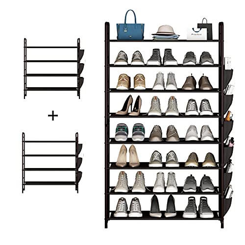 SUOERNUO Shoe Rack Storage Organizer 4 Tier Free Standing Metal Shoe Shelf Compact Shoe Organizer with Side Bag for Entryway Closet Bedroom,Bronze