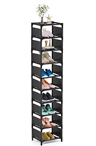 sunvito 10 Tiers Shoe Rack, 10 Pairs Space Saving Shoe Shelf Organizer, Tall Narrow Shoe Rack for Entryway, Closet (Black)