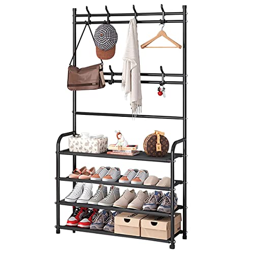 WEECRON Shoe Rack and Coat 4 Tier Entryway Coat Rack Storage Organizer with 8 Hooks for Bedroom Hallway Office, Black