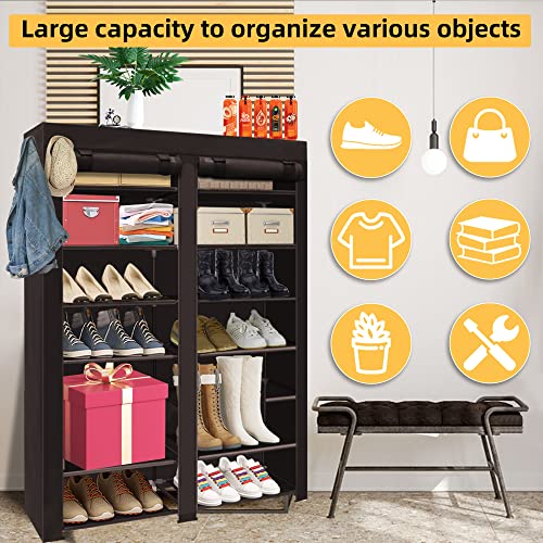ERONE Shoe Rack Storage Organizer, 28 Pairs Portable Double Row with Nonwoven Fabric Cover Shoe Rack Cabinet for Closet (Black)