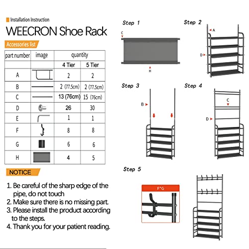WEECRON Shoe Rack and Coat 4 Tier Entryway Coat Rack Storage Organizer with 8 Hooks for Bedroom Hallway Office, Black