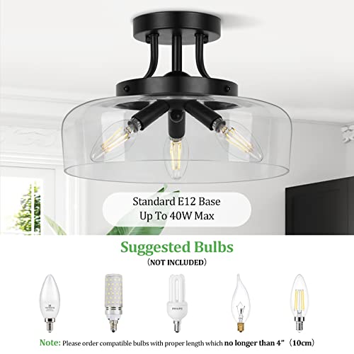Modern Industrial Semi Flush Mount Ceiling Light with Clear Glass Shade, 3-Bulb Black Ceiling Light Fixture for Kitchen Bedroom Living Room Porch Hallway Entryway, E12 Socket, Bulbs Not Included