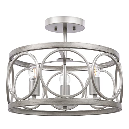 YM sky Flush Mount Ceiling Light Fixture: Farmhouse Drum Chandelier Lighting - Antique Silver Finish Metal Lamp - for Dining Room Entryway Kitchen Hallway Laundry Room Living Room - 16 Inch