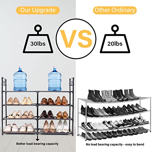 Elechotfly Shoe Rack, 16-20 Pairs Shoe Storage Organizer, 4 Tiers Shoe Stand, Easy Assembly Stackable Sturdy Shoe Tower with 2 Hooks, Metal Shoe Shelf for Entryway, Closet, Garage, Bedroom, Cloakroom
