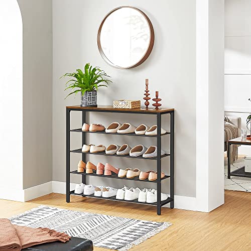 VASAGLE Shoe Rack, 5-Tier Shoe Storage Organizer with 4 Metal Mesh Shelves for 16-20 Pairs and Large Surface for Bags, for Entryway, Hallway, Closet, Industrial, Rustic Brown and Black ULBS15BX