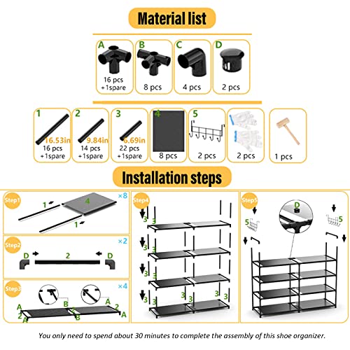 Elechotfly Shoe Rack, 16-20 Pairs Shoe Storage Organizer, 4 Tiers Shoe Stand, Easy Assembly Stackable Sturdy Shoe Tower with 2 Hooks, Metal Shoe Shelf for Entryway, Closet, Garage, Bedroom, Cloakroom