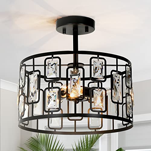 LNC HOME Crystal Semi Flush Mount Ceiling Light Fixture, 3-Light Black Modern Contemporary Drum Pendant Chandeliers for Dining Room, Bedrooms, Kitchen, Hallway, Foyer, Entryway, 13'' Dia